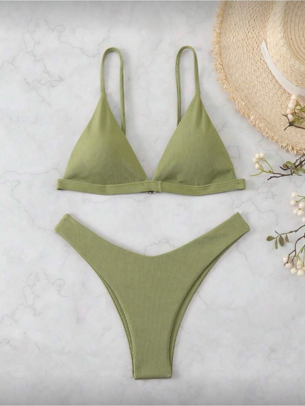 SHEIN Olive Green Ribbed Triangle Bikini Set